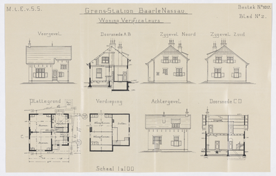 858546 Opstanden, doorsneden en plattegronden van de woning van de Verificateurs van het S.S.-station Baarle-Nassau ...